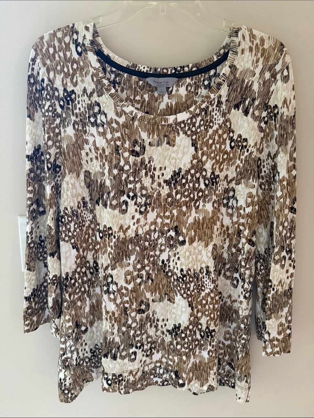 Amber Sun Animal Print 3/4 Sleeve Knit Top Brown Beige Large Stretch